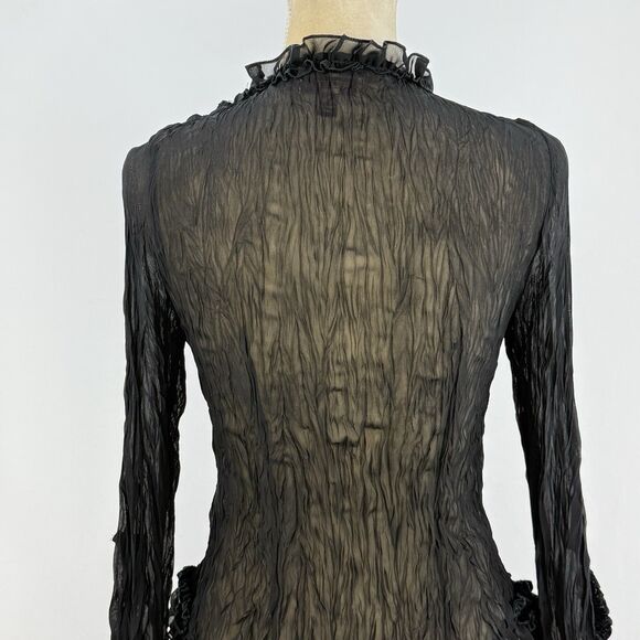 Lucy Collection Black Sheer Ruffle Beaded Tie Front Blouse Top S/M Boho Party - Picture 4 of 16